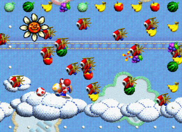Flying Shy Guys in Cloud Cruising in Yoshi's Story
