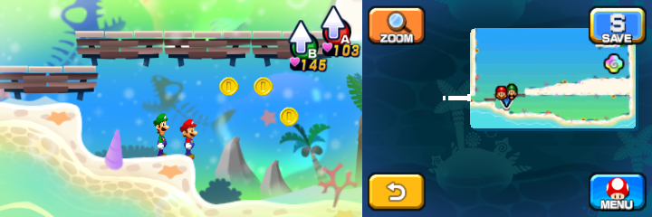 Mario and Luigi near 3 Coins in Dreamy Driftwood Shore housing Seabury the Seadring of Mario & Luigi: Dream Team.