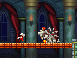 Fire Mario throwing Fireballs at Dry Bowser in World 8-Castle.