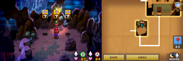 Second, third and fourth blocks in Hoohoo Mountain of Mario & Luigi: Superstar Saga + Bowser's Minions.