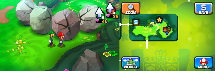 Mario and Luigi near four boulders containing a Coin each in Mushrise Park of Mario & Luigi: Dream Team.