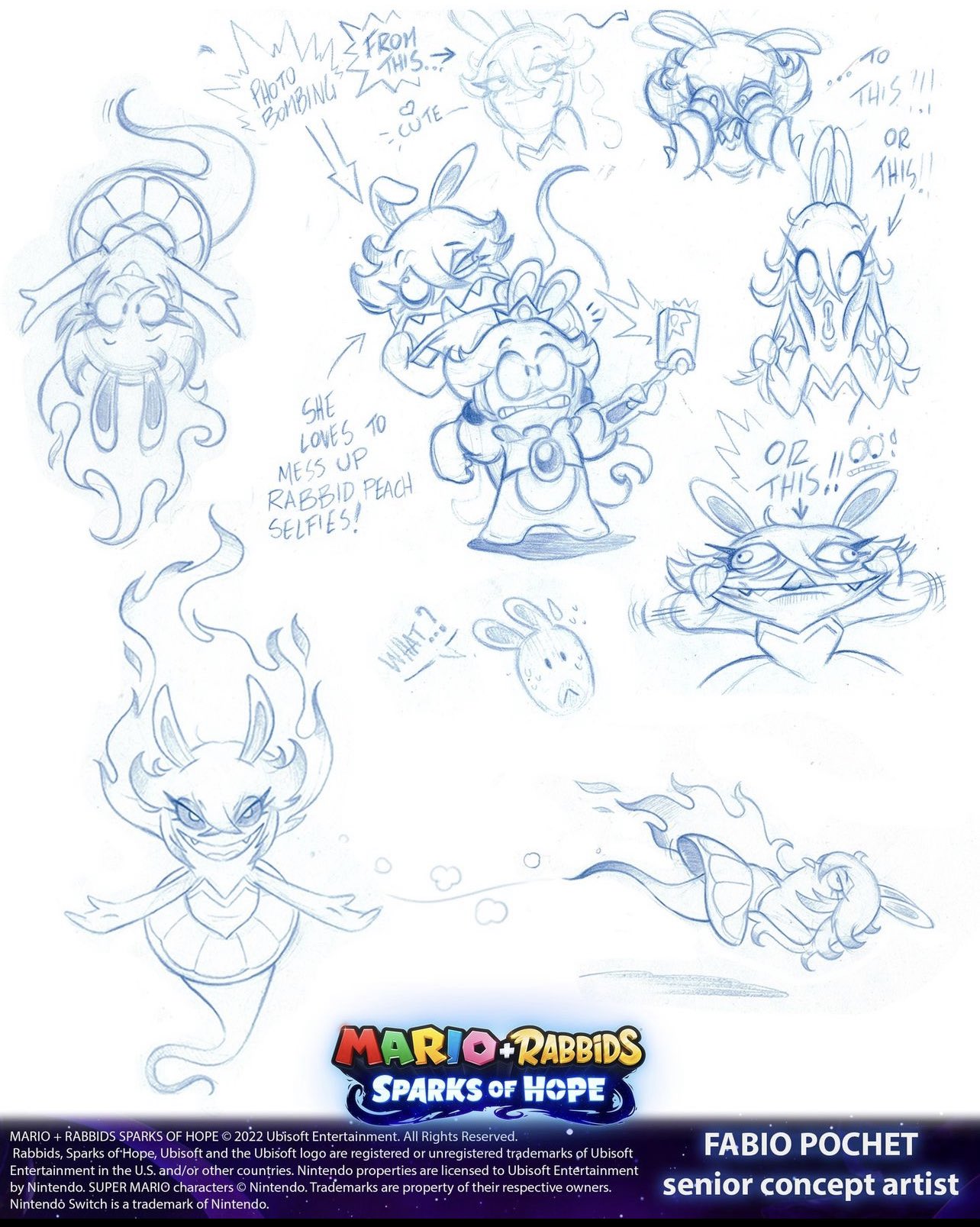 Concept art sketches of Midnite in Mario + Rabbids Sparks of Hope, drawn by Fabio Pochet