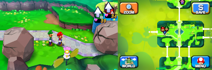 Mario and Luigi near two boulders containing a Coin each in Mushrise Park of Mario & Luigi: Dream Team.