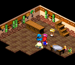 Gaz giving Geno the Finger Shot on the first floor of the inn in Rose Town of Super Mario RPG: Legend of the Seven Stars.