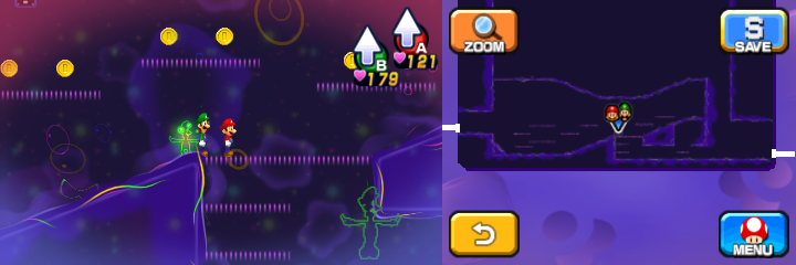 Mario near 6 Coins in Dream's Deep accessed by Dreamy Pi'illo Castle accessed by the Dreampoint of Mario & Luigi: Dream Team.