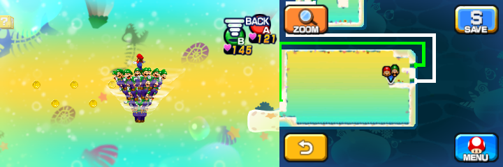 Mario and Luiginoids (in the shape of a cone) near 5 Coins in Dreamy Driftwood Shore housing Seadric the Seadring of Mario & Luigi: Dream Team.