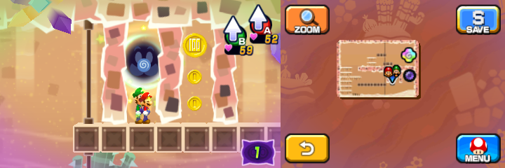 Mario and Luigi near 2 Coins and 100-Coin in Dreamy Dozing Sands accessed by second Pink Pi'illo of Mario & Luigi: Dream Team.