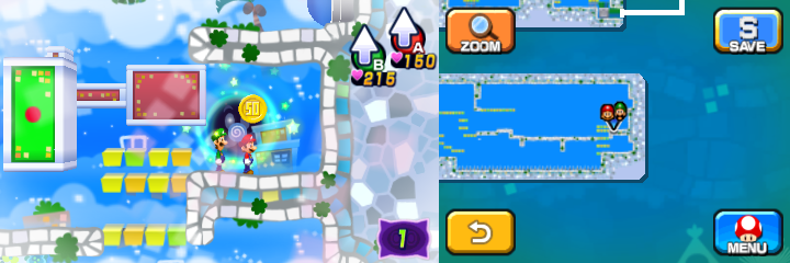 Mario and Luigi near a 50-Coin in Dreamy Wakeport accessed by the Bedsmith Pi'illo/Pi'iloper's Dreampoint of Mario & Luigi: Dream Team.