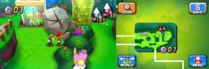 Mario and Luigi near a boulder containing a Coin in Mushrise Park of Mario & Luigi: Dream Team.