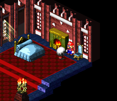 Granny giving Mario a Mushroom in the Mushroom Kingdom of Super Mario RPG: Legend of the Seven Stars.