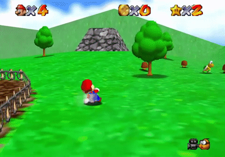 Animated screenshot of Mario warping in Bob-omb Battlefield from Super Mario 64.
