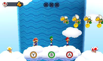 Group of Paper Koopa Paratroopas holding 3 Coins in Sky High Flyby mission of Mario & Luigi: Paper Jam.