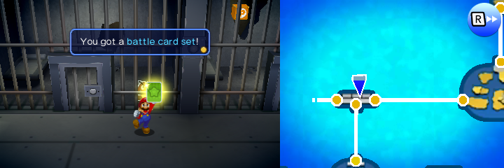 Mario getting the Battle Card Set from the Crinkle Goomba in Twinsy Tropics of Mario & Luigi: Paper Jam.