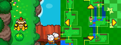 Bowser near clump of grass which contains a 10-Coin in Dimble Wood of Mario & Luigi: Bowser's Inside Story.