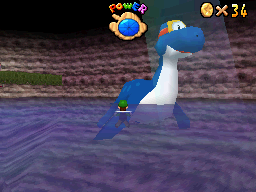 Luigi swimming with Dorrie in Hazy Maze Cave in Super Mario 64 DS
