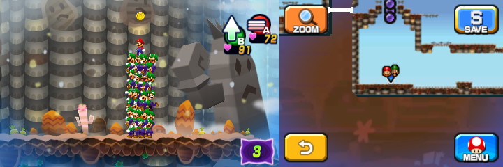 Mario and Luiginoids (in the shape of a stack) near 7 Coins (with one visible) in Dreamy Mount Pajamaja accessed by the Mega Pi'illo named Phil of Mario & Luigi: Dream Team.