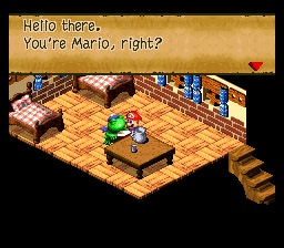 Mario in the Frogfucius's store in Super Mario RPG: Legend of the Seven Stars.