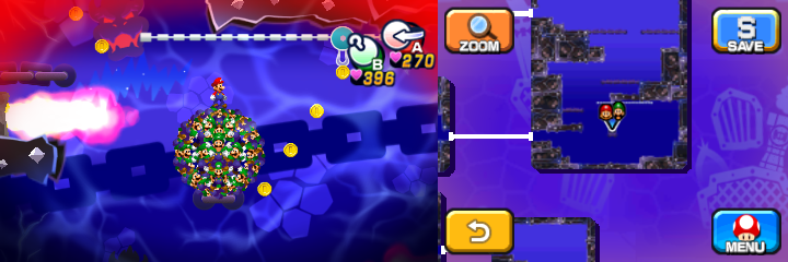 Mario and Luiginoids (in the shape of a ball) near 7 Coins (with 6 visible) in Dreamy Neo Bowser Castle accessed by a Dreampoint housing Bowser's dreams of Mario & Luigi: Dream Team.