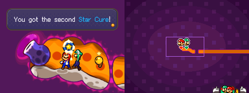 Mario picking up the yellow Star Cure in Gut Check of Mario & Luigi: Bowser's Inside Story.