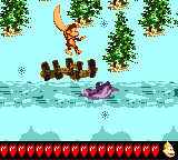 Dixie Kong about to jump onto a Lemguin in Polar Pitfalls of Donkey Kong GB: Dinky Kong & Dixie Kong