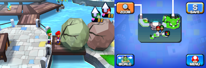 Mario and Luigi near two boulders containing a Coin each in Wakeport of Mario & Luigi: Dream Team.
