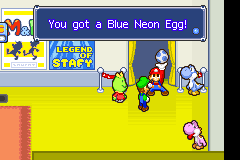 Mario and Luigi getting the Blue Neon Egg from starving blue Yoshi in Yoshi Theater of Mario & Luigi: Superstar Saga.