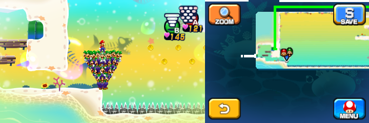 Mario and Luiginoids (in the shape of a cone) near 5 Coins in Dreamy Driftwood Shore housing Seadric the Seadring of Mario & Luigi: Dream Team.