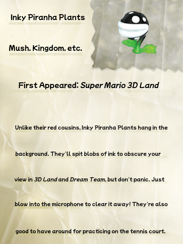 A faded, crinkled journal page titled "Inky Piranha Plants" displays the artwork of an Inky Piranha Plant from Super Mario 3D Land. Beneath the title is a line reading "Mush. Kingdom, etc.". Beneath this line, the next reads "Unlike their red cousins, Inky Piranha Plants hang in the background. They'll spit blobs of ink to obscure your view in 3D Land and Dream Team, but don't panic. Just blow into the microphone to clear it away! They're also good to have around for practicing on the tennis court."