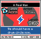 The shelf sprite of one of Ashley's records (A Real Man) in the game WarioWare: D.I.Y., as it appears on the top screen.