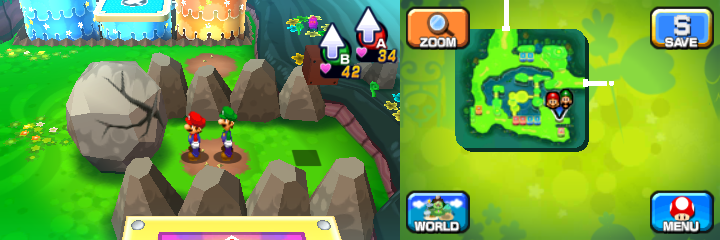 Mario and Luigi near a boulder containing a Coin in Mushrise Park of Mario & Luigi: Dream Team.