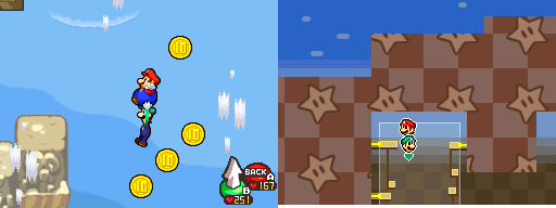 Mario and Luigi near 4 10-Coins in Plack Beach of Mario & Luigi: Bowser's Inside Story.