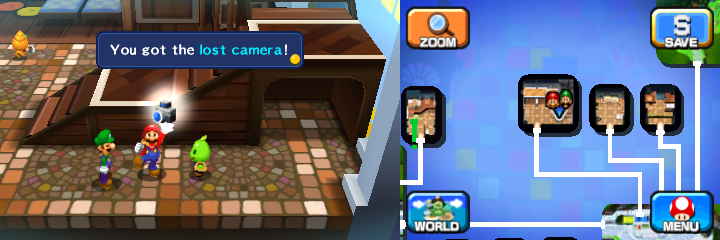 Mario getting the Lost Camera from a Beanish person in Wakeport of Mario & Luigi: Dream Team.