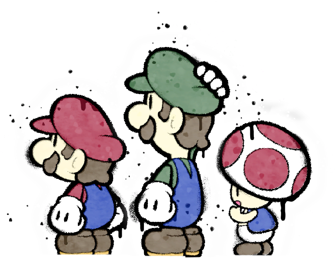 Mario, Luigi, and a Toad look in shock