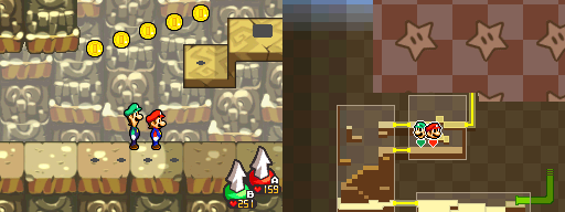 Mario and Luigi near 5 Coins in Plack Beach of Mario & Luigi: Bowser's Inside Story.