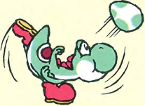 Artwork of a Green Yoshi throwing an egg, from Super Mario World 2: Yoshi's Island.
