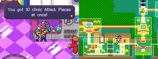 Mario and Luigi getting all 10 Attack Pieces for the Mighty Meteor Bros. Attack in Toad Town of Mario & Luigi: Bowser's Inside Story.