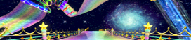 The course banner for Rainbow Road from Mario Kart Wii.