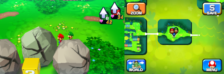 Mario and Luigi near three boulders containing a Coin each in Mushrise Park of Mario & Luigi: Dream Team.