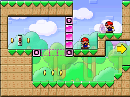 A screenshot of Room 1-1 from Mario vs. Donkey Kong 2: March of the Minis.