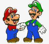 Artwork of Mario and Luigi shaking hands as shown in the Photo Album of Super Mario Bros. Deluxe.