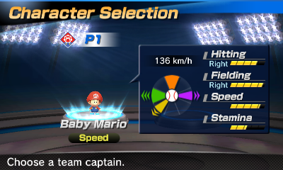 Baby Mario's stats in the baseball portion of Mario Sports Superstars