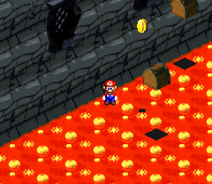 Mario finding third 10-Coin in the invisible path action course of Bowser's Keep of Super Mario RPG: Legend of the Seven Stars.