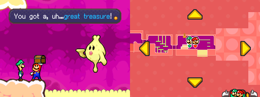 Mario and Luigi getting a chest containing Good and Mushroom Badges from Princess Lipid in Flab Zone of Mario & Luigi: Bowser's Inside Story.