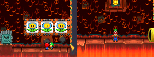 Mario and Luigi getting a 10-Coin from the slot machine in Thwomp Caverns of Mario & Luigi: Partners in Time.