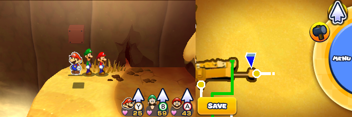 Group near a crack in the wall containing 2 1-Up Mushrooms, 50-Coin and 3 Syrup Jars in Doop Doop Dunes of Mario & Luigi: Paper Jam.