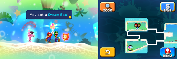 Mario and Luigi getting the Dream Egg from Seabelle in Dreamy Driftwood Shore accessed by her Dreampoint of Mario & Luigi: Dream Team.