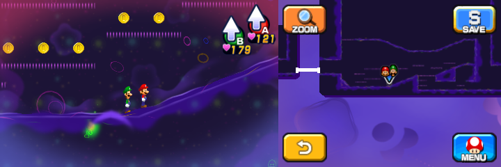 Mario near 5 Coins in Dream's Deep accessed by Dreamy Pi'illo Castle accessed by the Dreampoint of Mario & Luigi: Dream Team.