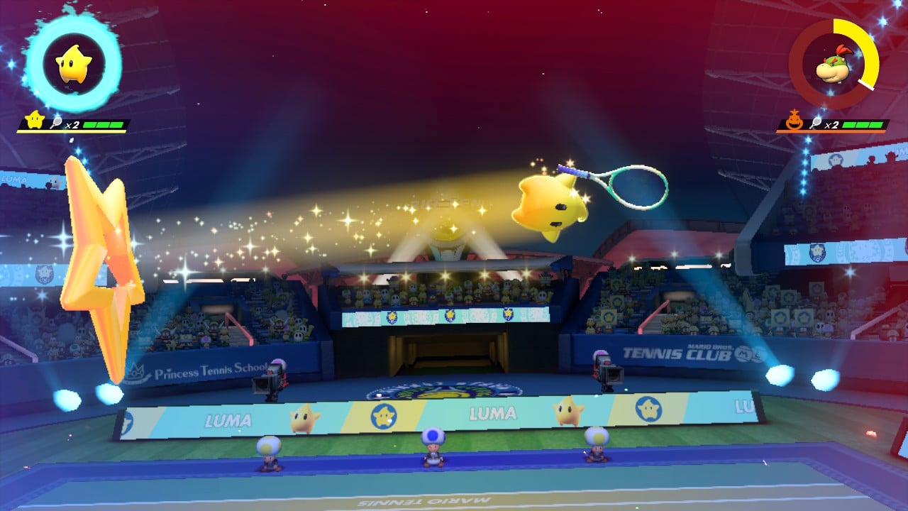 Luma gets shot by a Launch Star for his Special Shot in Mario Tennis Aces.