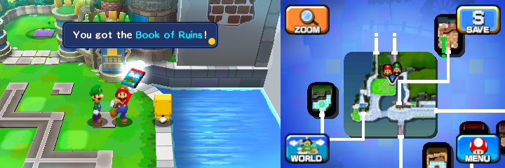 Mario getting the Book of Ruins from a Brock in Wakeport of Mario & Luigi: Dream Team.