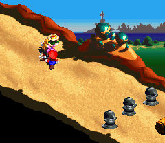 Princess Peach giving Mario a Flower on the Booster Hill of Super Mario RPG: Legend of the Seven Stars.